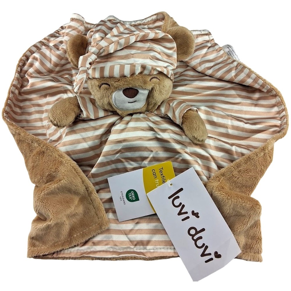 Luvi Duvi Baby Bear Security Blanket Stripe Satin Brown White Reversible NWT 17"